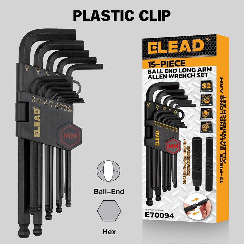 ELEAD مجموعة مفاتيح ألين سداسية 15 قطعة بمقبض تمديد، 1.27-10 مم، تصميم ذراع طويل بنهاية كروية، فولاذ S2 المعالج حرارياً - Image 2